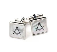 The Masonic Collection - Boutons de manchette en nacre pour homme - Argent rhodié - Carré et boussole - Émaillé noir - Livré dans une boîte à boutons de manchette/pochette en velours - Cadeaux