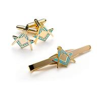 THE MASONIC COLLECTION Ensemble de boutons de manchette et cravate carrés et boussole pour homme - Plaqué or avec émail bleu clair - Coffret cadeau franc-maçon, taille unique, Laiton, Pas de pierre