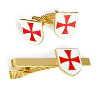 THE MASONIC COLLECTION - Ensemble de boutons de manchette et cravate dorés Templiers pour homme - Revêtement en émail rouge et blanc - Livré dans une pochette en velours / boîte à boutons de manchette