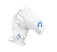 THE MASONIC COLLECTION - Gants maçonniques blancs en coton de qualité supérieure - Blancs avec broderie bleu roi du logo équerre et compas - Cadeau franc-maçon pour homme
