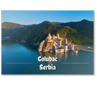 The Medieval Fortress of Golubac Against Iron Gate of National Park Djerdap, Mirroring in The Waters of The Danube, Colorful Sunset Light, Blue Sky. Aerial Shot, Famous Tourist Place, Fridge Magnet