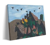 The Migration Series Panel No. 3 by Jacob Lawrence - Poster mural réalisme social avec figurines voyageurs, effets personnels et oiseaux dans un ciel bleu
