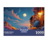 The Moon is Big and Round 1000 Pièces Carton Extra-épais Puzzle À Faire Soi-même Cliff Side Village Stimulant Et Éducatif Défi Unique Puzzles Cadeaux pour La Famille Et Les Amis 38x26cm/1000pcs
