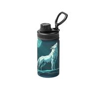 The Moon is White and There is A Solitaire Wolf Bouteille d'eau isotherme - Bouteille isotherme de 355 ml avec motif imprimé complet, étanche, en acier inoxydable et durable pour l'extérieur