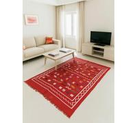 THE MOROCCAN VIBRATIONS Tapis Berbère Marocain Rouge Vif 2 - Tapis Kilim Tissé Motifs Ethniques Multicolores Bordure Zigzag - Tapis Franges - Style Boho Chic pour Salon