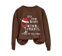 The Most Wine Derful Time Of The Year - Mode pour femme - Col rond - Décontracté - Verre à vin - Imprimé lettres - Haut à manches longues - Sweat à capuche avec fermeture éclair - Grande taille, café