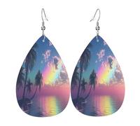 The Ocean Under the Rainbow Light Boucles d'oreilles en cuir en forme de larme pour femme - Boucles d'oreilles pendantes légères en PVC avec crochets en argent 925, imprimés double face | Cadeau