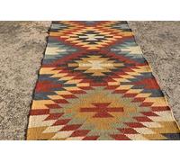 THE PIKKU INTERNATIONAL - Kilim Tapis rectangulaire en laine et jute - Aspect rustique tissé à la main - Pour maison moderne, salon, chambre à coucher [Modèle P-KLM14] 90 x 240 cm