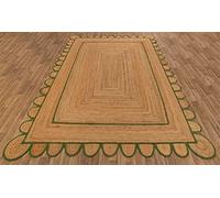 THE PIKKU INTERNATIONAL Tapis rectangulaire tressé à la main en jute beige avec bordure verte, aspect rustique (60 x 110 cm)