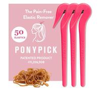 THE PONY PICK By Lolly - Élastiques en caoutchouc pour cheveux - Éliminateur de bande élastique - Sans douleur - Retrait facile - Lot de 3 médiators roses et 50 élastiques pour cheveux bruns, outils