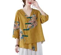 The Princess Bride Hanfu Chemisier ample en lin à manches 3/4 et col en V avec boutons grenouille chinoise d'été A2, jaune, XL