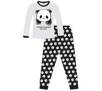 The pyjamafactory Pyjama long en coton pour fille Motif panda Inscription I want to Sleep All Day Blanc 13-14 ans, blanc, 13 ans