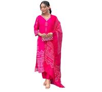 The Red Lion Enterprise Costume Kurti droit 3 pièces avec belle encolure brodée et dupatta, rose, Large