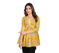 The Red Lion Enterprise Kurta Kurti Tunique droite courte en rayonne brodée à la main Chikankari indienne pour femmes, Impression jaune., Medium