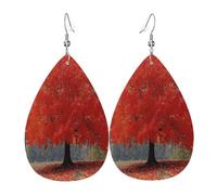 The Red Maple Tree Boucles d'oreilles en cuir en forme de larme pour femme - Boucles d'oreilles pendantes légères en PVC avec crochets en argent 925, imprimés double face | Cadeau hypoallergénique