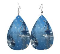The River in Winter Boucles d'oreilles en cuir en forme de larme pour femme - Boucles d'oreilles pendantes légères en PVC avec crochets en argent 925, imprimés double face | Cadeau hypoallergénique