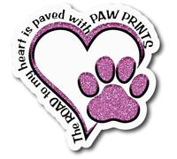 The Road to My Heart is Paved with Paw Prints | Rose pailleté Cœur Paw Print | Excellente idée cadeau | Lot de 2 autocollants | 12,7 cm | S10523