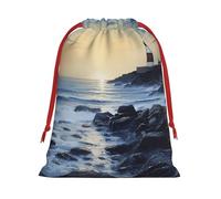 The Seaside Lighthouse Sac cadeau en velours super doux avec pochette à cordon de serrage, sac de rangement complet imprimé pour Noël et rangement quotidien