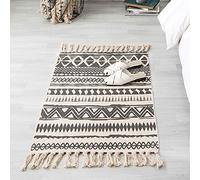 The Seeker Tapis marocain en coton petit 60x90 cm avec glands, tapis noir et blanc lavable, tapis de chevet à poils courts pour la chambre, tapis d'accent décoratif pour l'entrée, la cuisine, la salle