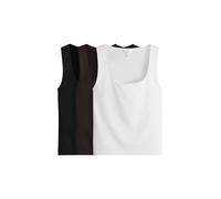 THE SET Femme Débardeur à col carré en Polyamide Doux au Toucher, Lot de 3 Black/Chocolate Brown/White L
