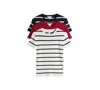 THE SET Femme T-Shirt côtelé à Manches Courtes, Lot de 3 White Stripe/Navy Stripe/Red L