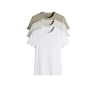 THE SET - T-Shirts à Manches Courtes Femme Côtelés - Noir, Marron Taupe et Blanc (Lot de 3) Light Khaki/Warm Stone/White L