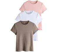 THE SET - T-Shirts à Manches Courtes Femme Côtelés - Noir, Marron Taupe et Blanc (Lot de 3) Taupe/Pink/White M