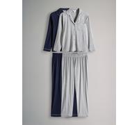 The Set The Set 2 Pack Polyester Viscose Blend Button Through Long Pyjamas with Piping Navy/Grey Marl