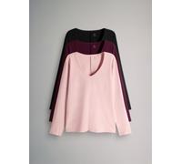 The Set The Set 3 Pack 100% Cotton Slub Deep V-Neck Long Sleeve Tops Black/Berry/Pink