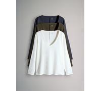 The Set The Set 3 Pack 100% Cotton Slub Deep V-Neck Long Sleeve Tops Navy/Khaki/Cream