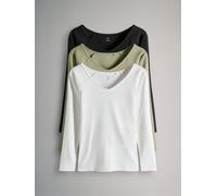 The Set The Set 3 Pack Deep V-Neck Ribbed Long Sleeve Tops Black/Cream/Khaki