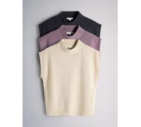 The Set The Set 3 Pack Knitted Cap Sleeve Hi Neck Tops Cream/Plum/Grey