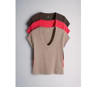 The Set The Set 3 Pack Ribbed Cap Sleeve V-Neck Tops Brown/Neutral/Red