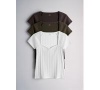 The Set The Set 3 Pack Sweetheart Ribbed Cap Sleeve Tops Brown/Khaki Green/White