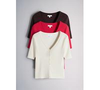 The Set The Set 3 Pack V-Neck Short Sleeve Ribbed Cardigan Chocolate Brown/Red/Cream