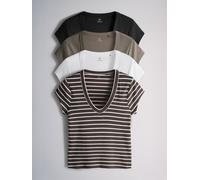 The Set The Set 4 Pack V-Neck Cap Sleeve T-Shirts Black/Brown/Brown Stripe/White