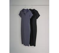 The Set The Set Black/Stripe 2 Pack Ribbed Collared Midi Dress Black/Stripe large