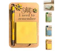 The Shit I Need to Remember Sticky Note Holder, Funny Wooden Memo Pad Organizer, Post It Note Dispenser, with Ballpoint Pen, for Your Most Forgetful Coworker and Yourself (Yellow)