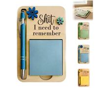 The Shit I Need to Remember Sticky Note Holder, Funny Wooden Memo Pad Organizer, Post It Note Dispenser, with Ballpoint Pen, for Your Most Forgetful Coworker and Yourself (Blue)