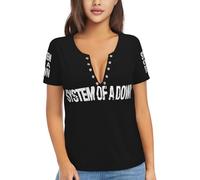 The SOAD Down Music Rock Band System T-Shirt Sexy à Manches Courtes et col en V Profond pour Femme, Motif Groupe de Rock des années 90, Tenue de Concert, Produit Vintage, Noir Large