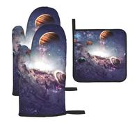 The Solar System Lot de 3 gants de cuisine résistants à la chaleur antidérapants avec boucle de suspension pour cuisine, grillades, pâtisseries, barbecues