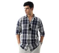 The Souled Store CottonLinen Carreaux : chemise Riviera à manches longues et col boutonnée sur le devant pour homme et garçon, coupe régulière, légère, respirante, décontractée, en coton et lin