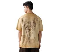 The Souled Store Sun Wukong : Monkey King T-shirt surdimensionné à manches courtes pour hommes et garçons à col rond beige imprimé graphique en coton vintage délavé léger toutes saisons, Roi des