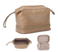 The Spirit Store Trousse de toilette en cuir - Grande trousse de toilette pour les voyages - Avec compartiment à pinceaux et compartiments, beige, Trousse de maquillage