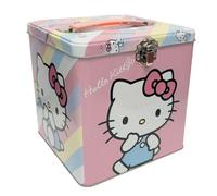 The Tin Box Company Hello Kitty Boîte de rangement carrée en métal avec poignée, 14 x 14 x 14 cm, motif rose et bleu, à partir de 3 ans