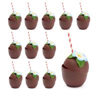 THE TWIDDLERS 12 Gobelets Noix de Coco 470 ml Réutilisables avec Fleurs & Pailles en Papier - Verres Cocktail, Verres Tiki pour Déco Hawaïenne, Tiki Bar, Anniversaire Tropical, Plage & Piscine