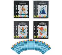 THE TWIDDLERS 12 Livres de Coloriage pour Enfants (Format A5), 48 Crayons de Cire & 12 Feuilles d'Autocollants - Superhéros - Cadeaux Invités, Pochettes Surprises, Anniversaire