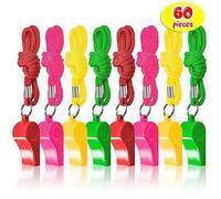 THE TWIDDLERS 60PCS Plastic Whistles Toys Bulk | Assorted Nylon Braided Cord Lanyards Neon Color | Kids Birthday Party | Goodie Bag