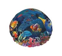 The Underwater World Bonnet de douche avec imprimé poissons tropicaux - Bonnet de douche imperméable pour femme - Réutilisable - Avec bande élastique