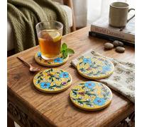 THE Unltd India Dessous de verre en céramique bleue - Lot de 4 tapis ronds peints à la main, motif floral, vaisselle artisanale pour salle à manger, tables basses, décoration d'intérieur | Cadeau